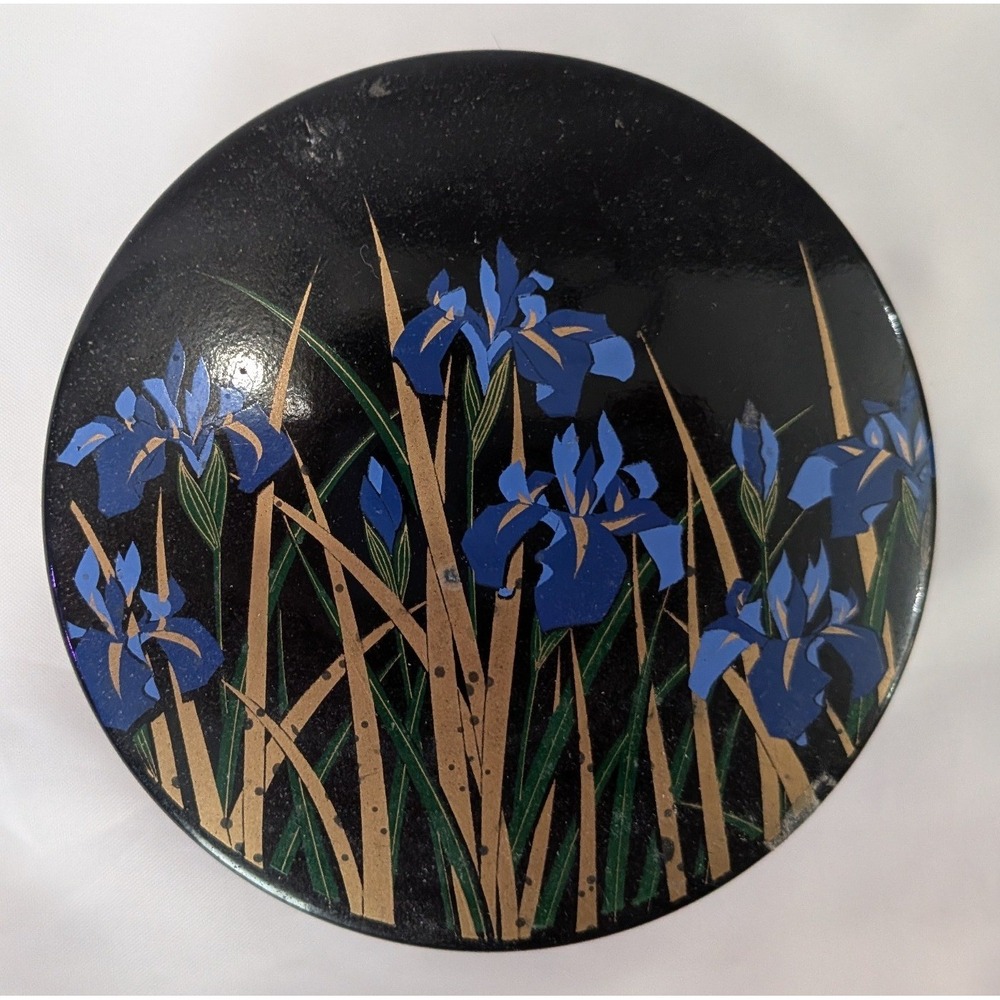 Toyo Lacquerware Coaster Set Unisex OS Black Good Blue Iris Floral Japan Vintage